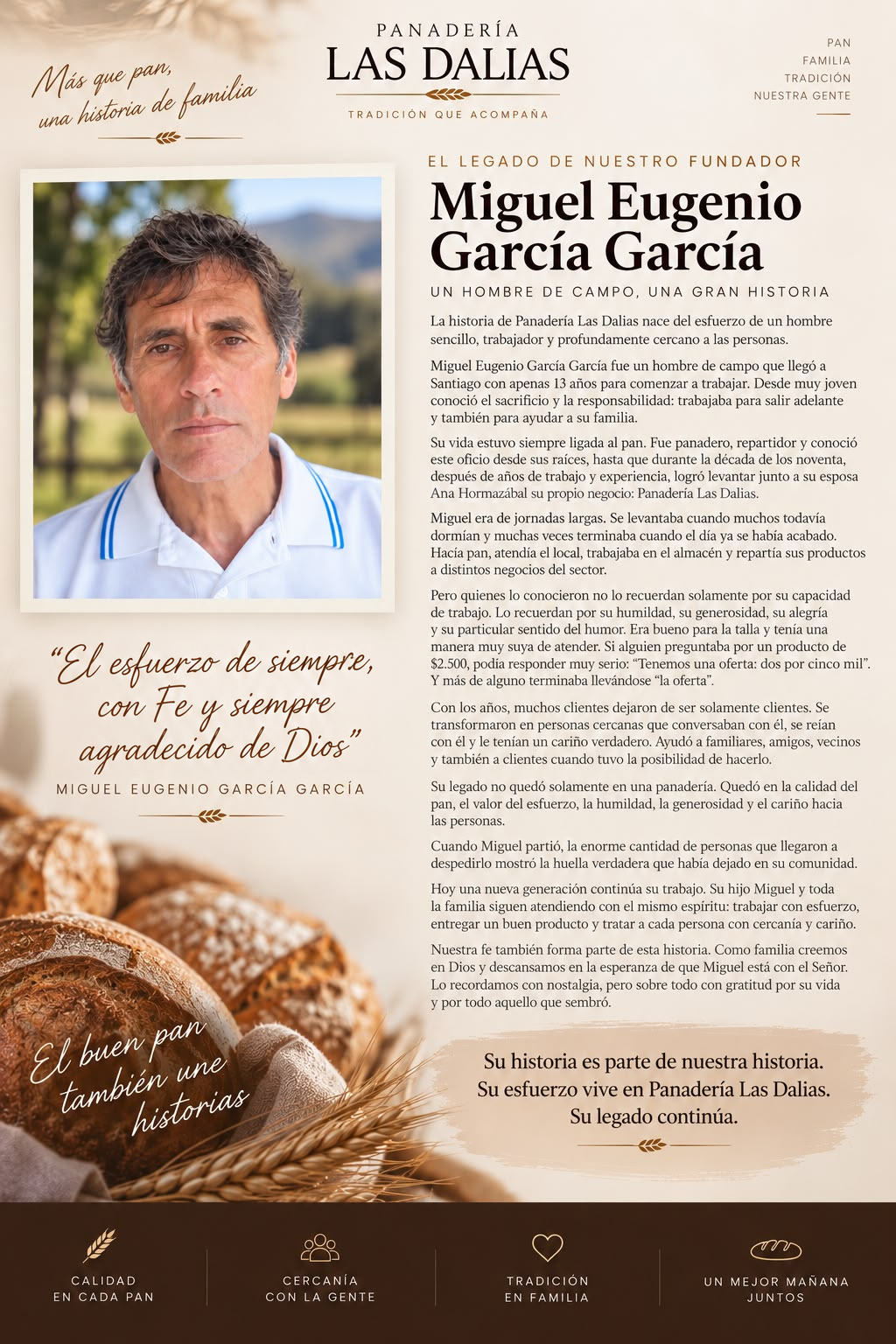 El legado de nuestro fundador Miguel Eugenio García García. Fotografía, historia familiar y frases de Panadería Las Dalias. En el relato se menciona a Ana Hormazábal.
